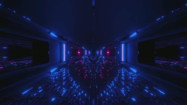 Neonově modrý tunel VJ Loop - futuristické kyberpunkové pohyblivé pozadí s růžovými akcenty