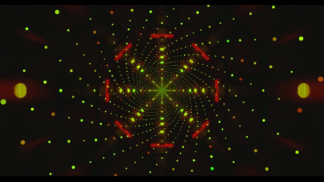 Maes Gronynnau Cosmig Tywyll gyda Dotiau Gwyrdd Oren ac Elfennau Geometrig Goch