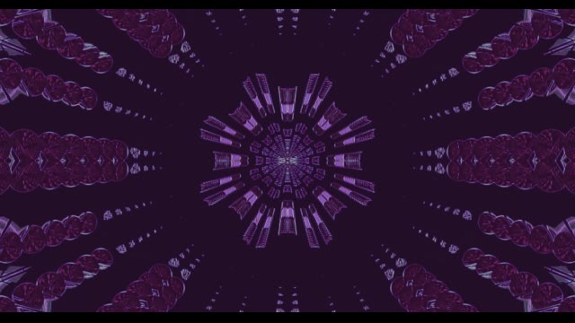 Purple neon tunnel with 60fps geometric kaleidoscope patterns and radial...