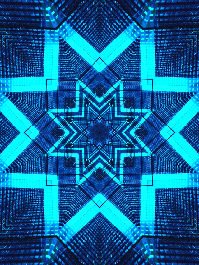 Sinine geomeetriline neoon tunneliga kaleidoskoop ekraanisäästja Windows 11 VJLoops 3:4 iPad portree 60fps