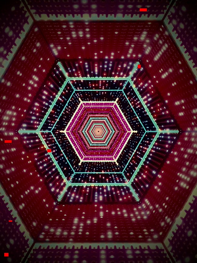 VJ loop neon-tunneli kuusikulmio pyörre violetti punainen 3:4 ipad portrait 60fps näytönsäästäjä