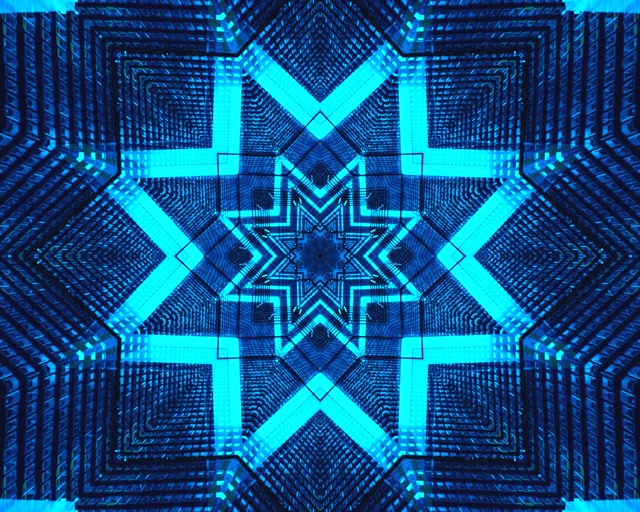 Kék neon tunnel kaleidoszkóp csillag képernyővédő windows 11 VJLoops 5:4 ipari 60fps