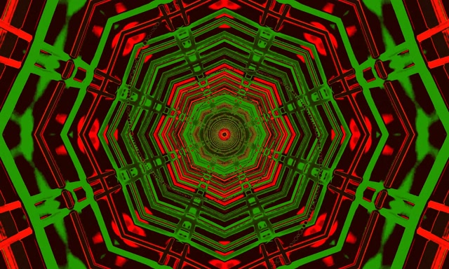 Terowongan Neon Vortex Oktagon Merah Hijau VJ Loop 60fps 5:3 Lebar Screensaver