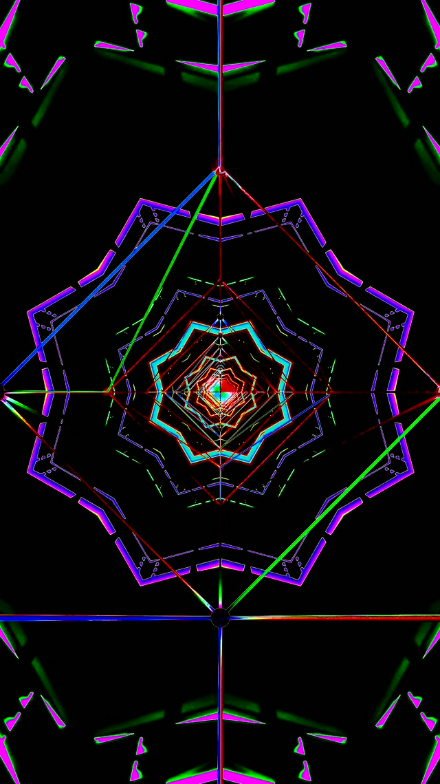 Screensaver terowongan neon kaleidoskop pola geometris VJLoops 9:16 reels 60fps windows 10