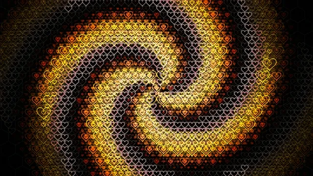 4K glowing heart pattern motion background with golden light effects