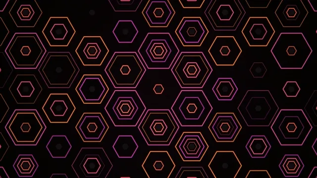 4K neon hexagon motion background with pink and orange glow