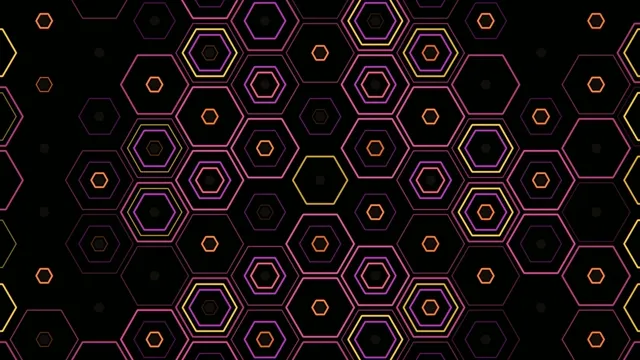 4K neon hexagon pattern animated background with glowing geometric shapes