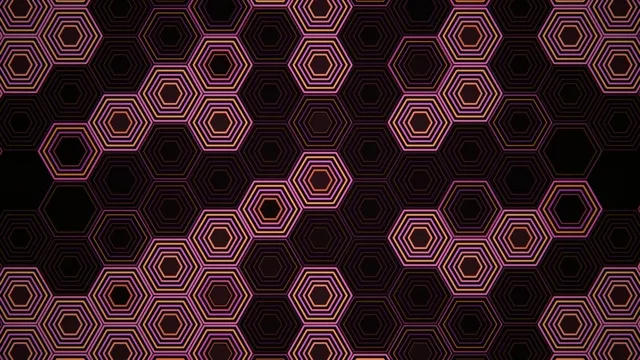 4K neon hexagon pattern loop with vibrant purple and orange glow