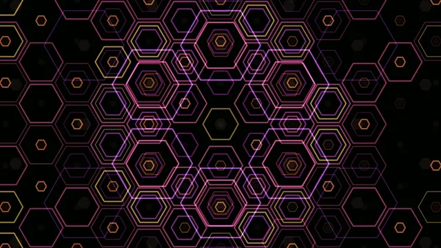 4K neon hexagon pattern VJ loop with vibrant pink and gold