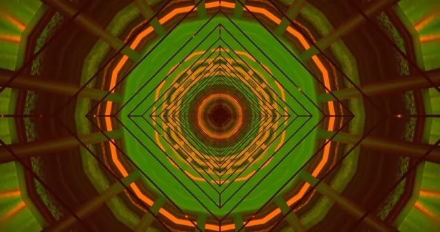 Simetrični zeleno-narančasti neon dijamantni tunel s koncentričnim geometrijskim oblicima i sjajnim svjetlosnim zrakama, hipnotična 4K VJ petlja