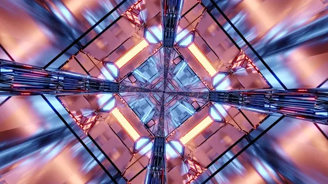 Симетричний неоновий тунель зі світною рожевою та фіолетовою світлом, дзеркальні геометричні узори та промениті пучки в абстрактній VJ петлі 4K 60fps