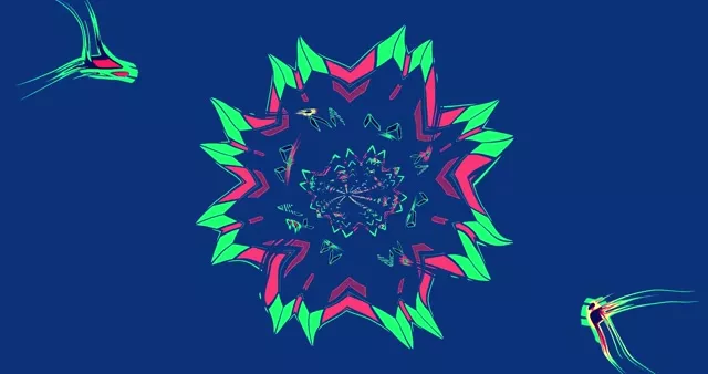 Яскраво-неонове зелене та гарячо-рожеве зіркові візерунки з геометричними шипами, які випромінюють з темно-синього центру, створюючи абстрактний 4K VJ цикл із симетричним ефектом калейдоскопа