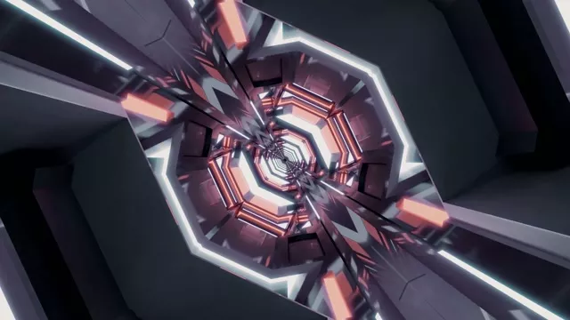 Pusaran terowong neon abstrak dengan tepi putih dan merah karmin yang bersinar, corak spiral geometri 4K, gelung gerakan hipnotik