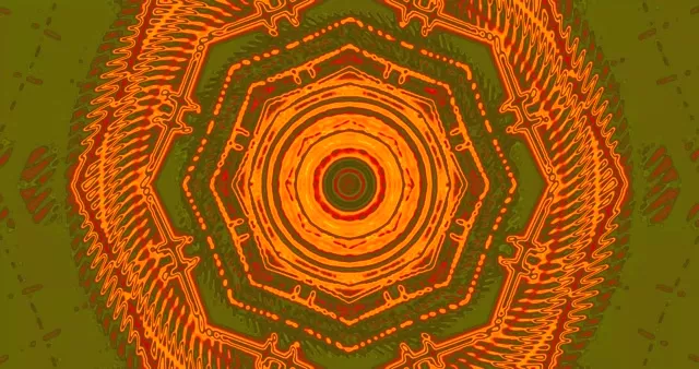 Các vòng neon cam và vàng đồng tâm xoắn vào trong với các họa tiết hình học trên nền xanh ô liu, vòng lặp VJ trừu tượng 4K