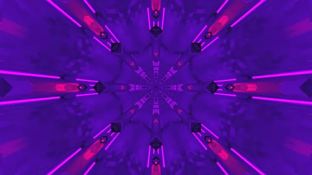 Symmetrischer Neon-Tunnel mit magentafarbenen und violetten Lichtstrahlen, die zur Mitte konvergieren, 4K abstraktes VJ-Loop-Hintergrund