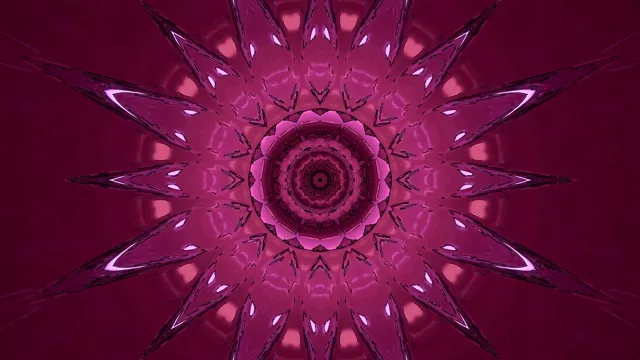 تونل حلزونی نئون صورتی و ماژنتا درخشان با خارهای کریستالی تیز که به بیرون تشعشع می‌کنند، و الگوی گردابی متقارن را روی پس‌زمینه بنفش عمیق ایجاد می‌کنند. 4K 60fps VJ loop انتزاعی.