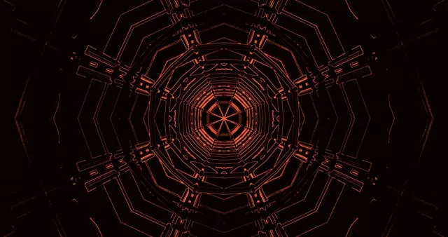 Crveni i narandžasti neon tunel spiralno silaze u tamu, simetrični geometrijski obrasci kreiraju efekt beskonačne dubine u 4K VJ petlji