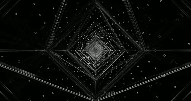 Tunnel de néon noir avec formes géométriques de diamant concentriques créant une profondeur spirale, particules blanches flottantes sur fond sombre, boucle VJ abstraite 4K