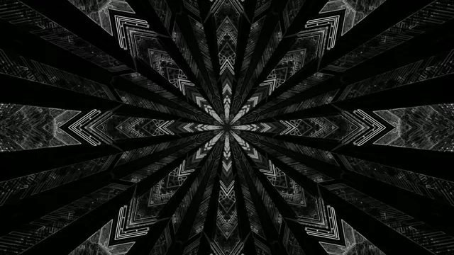 Symmetrisk sort-hvidt geometrisk kaleidoskop-mønster, der udstråler fra centrum med skarpe chevron-former og indlejrede trekanter i hypnotisk stjerneudbrudsdannelse, 4K VJ-løkke