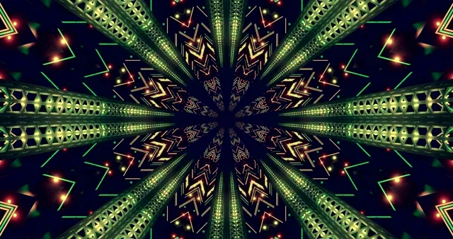 Yeşil ve altın zigzag desenleriyle merkeze yakınlaşan simetrik neon tüneli, 4K soyut VJ döngüsü