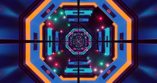 Gloeiende achthoekige neontunnel met blauwe en oranje geometrische frames die naar binnen spiraleren, gekleurde lichtdeeltjes drijvend in donkere ruimte, 4K VJ-loop