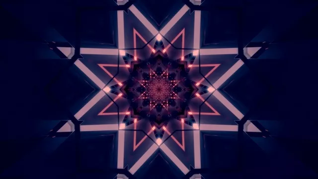 Modeli i yll gjeometrik rozë-blu ndriçues që rrezatohet nga qendra në dizajnin kaleidoskop simetrik, tunel neon VJ loop