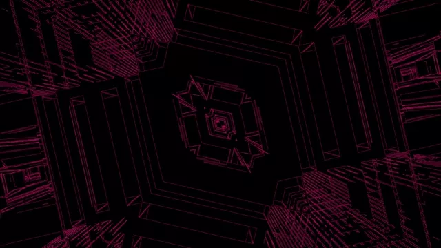 Lak VJ tunel neon 4K me gjeometri wireframe rozë dhe magenta spiral në qendër të errët