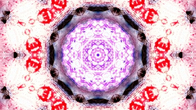 Loop VJ tunnel neon 4K con motivo caleidoscopio spirale viola concentrico, sfondo movimento vortice geometrico rosa e bianco 60fps