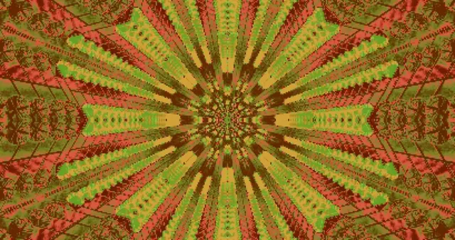 Túnel de neón radial explodindo para fora com padrões geométricos verde, vermelho e amarelo em loop VJ 4K 60fps