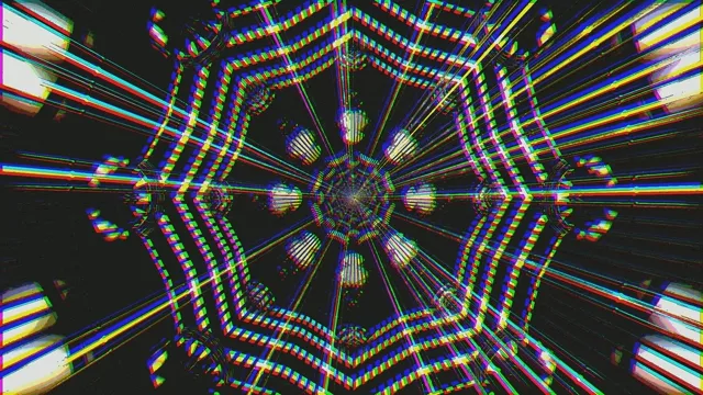 تونل نئون درخشان با الگوهای هندسی قوس رنگین کمان متمرکز که به صورت مارپیچ به درون پیچ می‌خورند، خطوط درخشان آبی، زرد و سرخابی یک حلقه VJ 4K افسون‌انگیز ایجاد می‌کنند