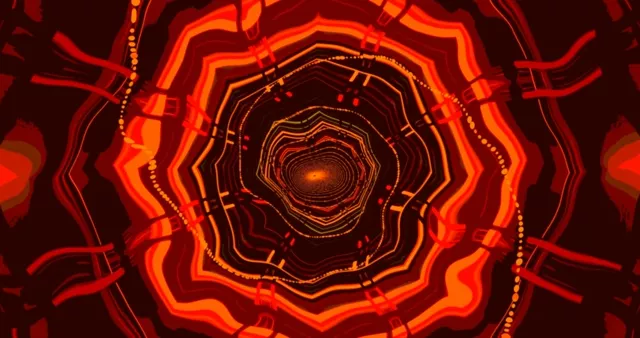 Vilkuv punane-oranž neoni tunnel konsentriliste geomeetriliste kihtidega, mis loovad sügavust 4K 60fps VJ-silmus taustaga