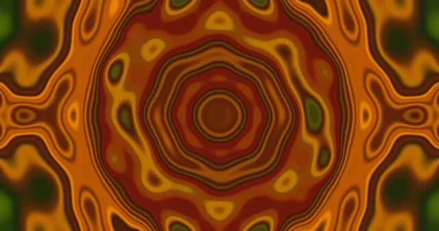 Koncentrični neon krugovi u crvenoj, narančastoj i zlatnoj boji stvaraju simetrični vir tunel, sjajne apstraktne VJ loop pozadine