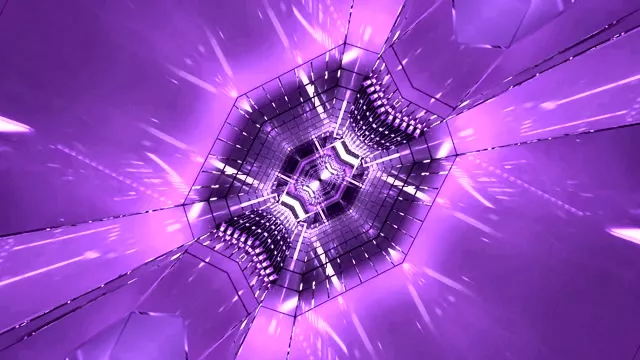 Fialový neonový tunel s geometrickým spirálovým vzorem, jasné purpurové světelné paprsky v 4K VJ loop pohybovém pozadí