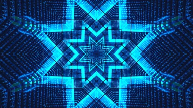 Lyst cyan og mørkeblå neon stjernetunnel med geometriske mønstre, abstrakt 4K VJ loop baggrund