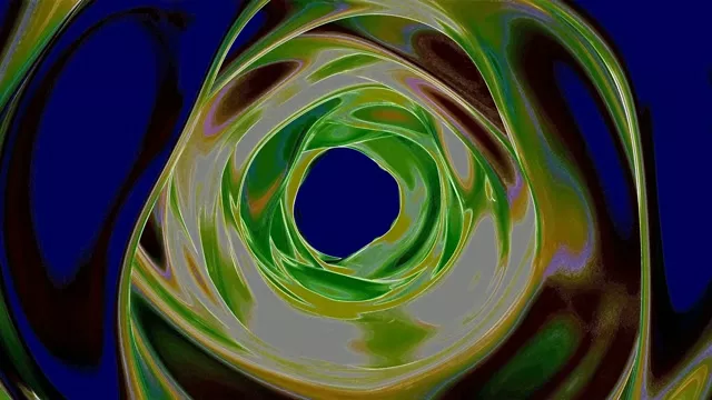 Hypnotisk neon tunnelspiral med gløder grønne og gule ringe, der roterer gennem dybblå rum, 4K abstrakt VJ-løkke bevægelsesbaggund