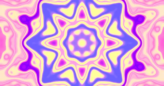 Levendige neon tunnel VJ-loop met concentrische paarse en gele geometrische sterrenpatronen die hypnotiserende 4K-bewegingsachtergrond creëren