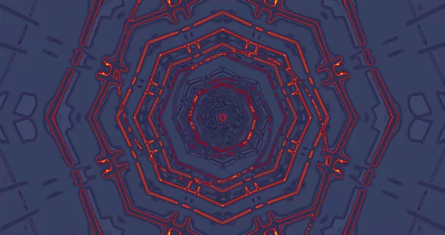 Konsentrikong asul at pulang neon na heksagon na tunel na bumubuo ng walang hanggang geometric vortex loop