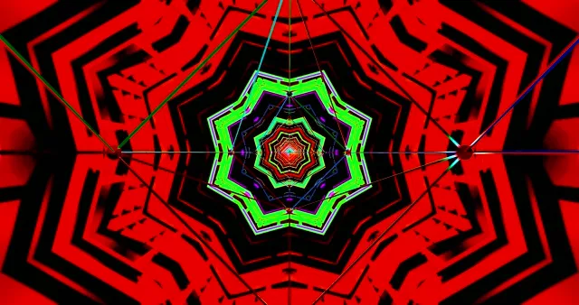 Неоновый туннель VJ петля с концентрическими красными и зелеными геометрическими узорами, спирально ведущими к светящемуся центру, абстрактный движущийся фон 4K 60fps