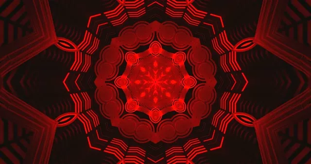Túnel mandala neon vermelho com padrões circulares brilhantes, loop VJ abstrato em espiral