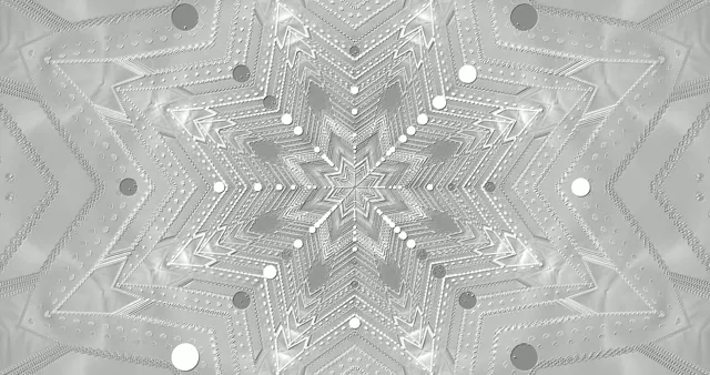 Tunnel kaleidoscope étoile blanc abstrait avec motifs concentriques, effet vortex néon gris, boucle VJ 4K avec symétrie radiale et sphères lumineuses