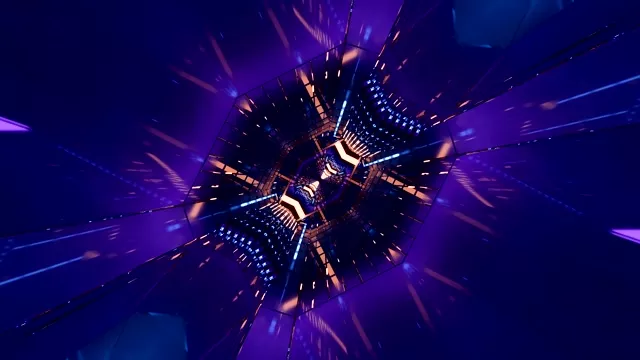 Vorteks i tunelit neon abstrakt me ndriçim purpur dhe ar, modele gjeometrike radiale në lak 4K