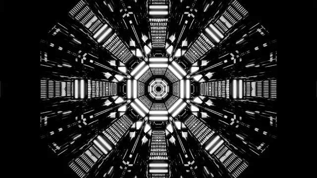 Symmetrinen neon-tunneli säteilevillä valkoisilla valonsäteillä, jotka konvergoivat keskustaan, musta tausta, geometrinen 4K VJ loop animaatio