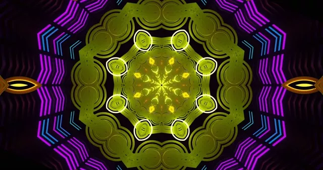 Symmetrische neon-tunnel met limoengroen centrum en paars-gouden ringen in 4K 60fps VJ-loop
