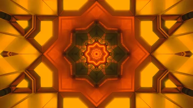 Sümmeetriline neon-tunnel kuldse-oranži ja tumepunaste geomeetriliste mustritega, mis kiirgavad keskusest, 4K VJ loop visuaalne taust
