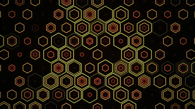 Abstract 4K hexagon motion background with glowing yellow and orange neon