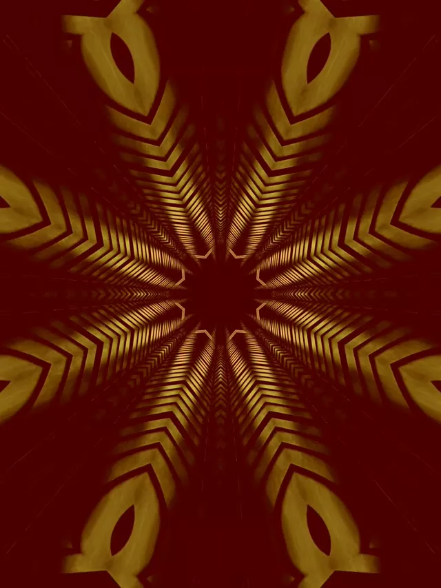 Sümmeetriline kuld ja sügava punane neoonainel kaleidoskooptunnel, kiirgavad chevron mustrid luues lõputut sügavust, VJ loop 60fps