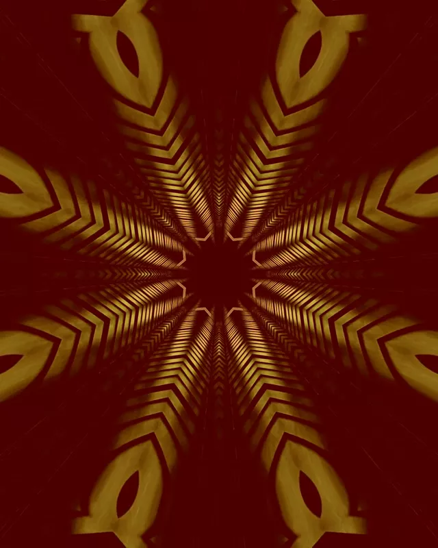 中心へ収束する放射状シェブロン線を持つ対称的な金色星フラクタルパターン、深い赤背景、魅惑的なネオンVJループ60fps
