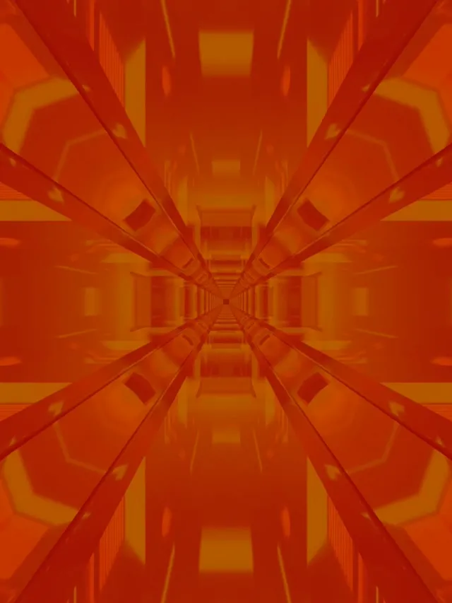 Punane ja kuldne merevaiguga neontunnel sümmeetrilise fraktaalse plahvatusega mustriga, mis koondub keskusele, luues sügavat perspektiivi 60fps VJ-tsüklis