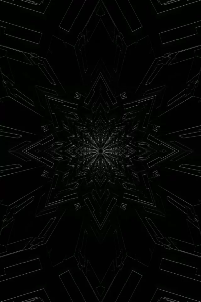 Ciemny tunel fraktalna gwiazda neonowa z geometrycznymi wzorami promieniującymi od centrum, czarne tło, abstrakcyjna pętla VJ
