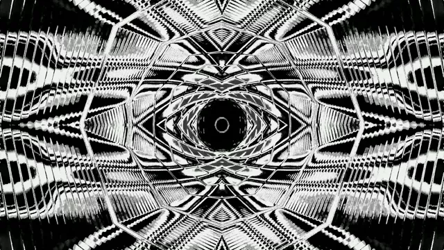 对称黑白几何霓虹隧道，具有放射性图案，营造催眠漩涡效果。抽象VJ loop屏保 4K 60fps。